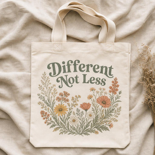 Cream cotton tote bag with Different Not Less in sage serif and wildflower bouquet illustration
